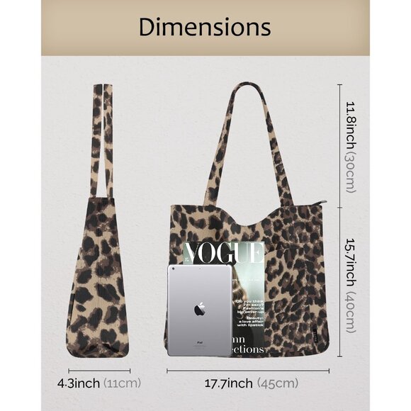 Women Leopard Corduroy Polyester Lining Shoulder Bag with Zipper And Pockets - Picture 3 of 7